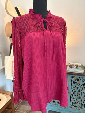 Magenta Lace Yoke Tie-Neck Blouse